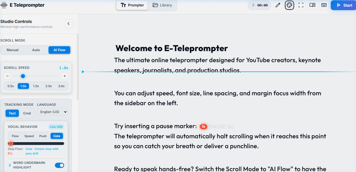 E Teleprompter Studio Interface and Controls