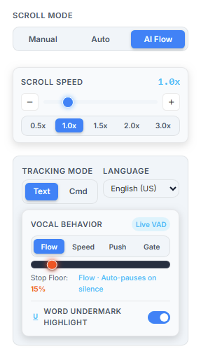 AI Voice Flow and Scroll Speed Controls